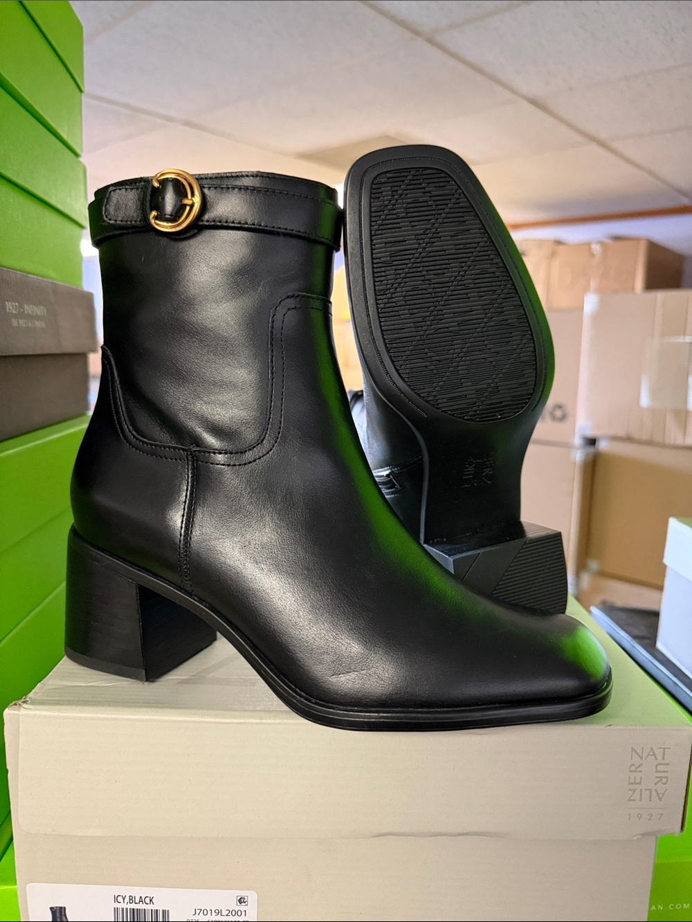 Naturalizer Icy Black Leather Ankle Boots with Gold Buckle